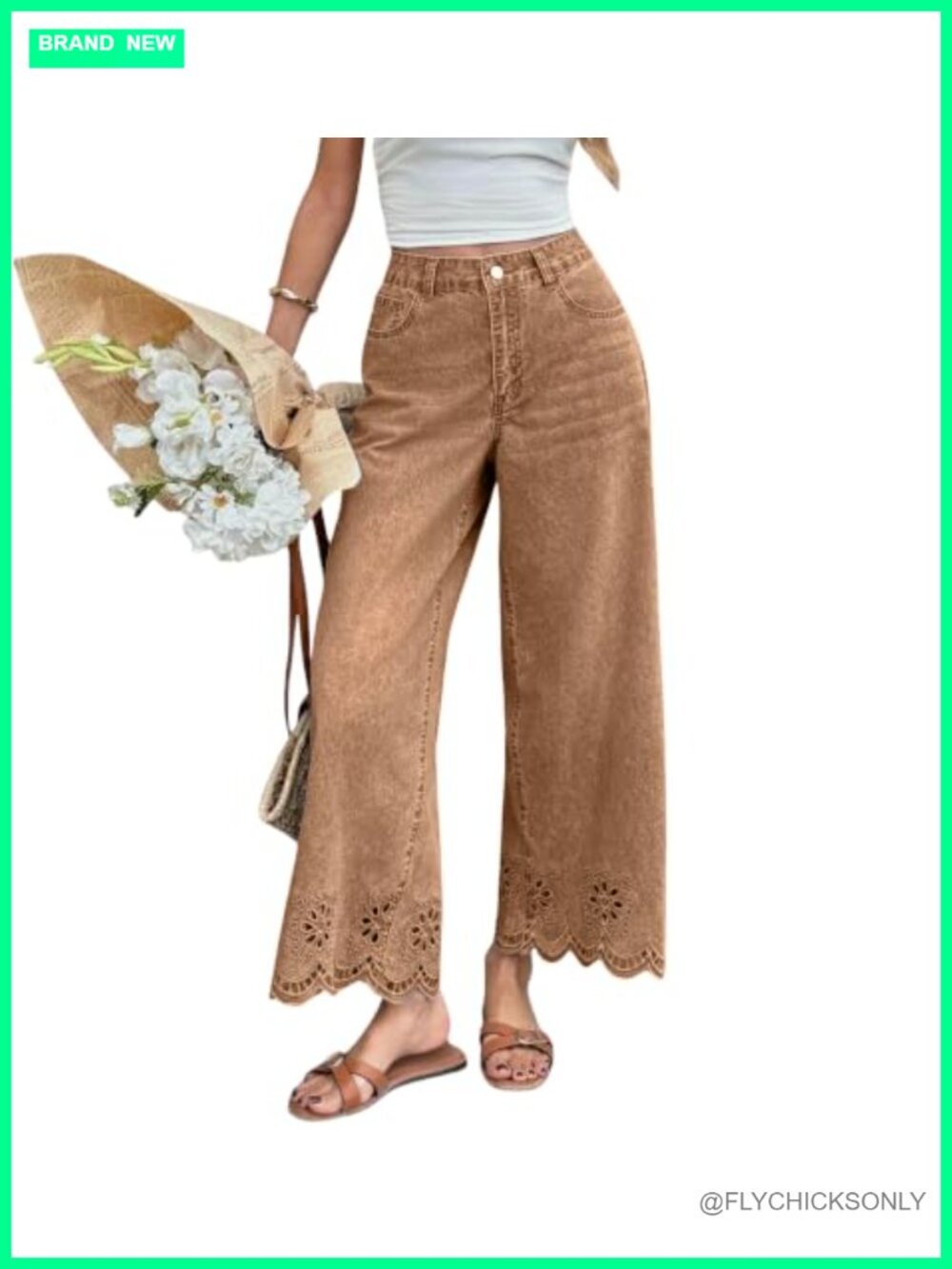 Wide Leg Eyelet Embroidery Floral High Waist Cropped Denim Palazzo Jeans